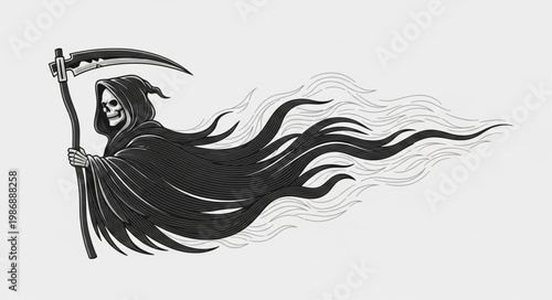 Grim Reaper Hooded Skeleton With Scythe And Flowing Cloak.