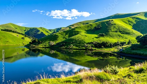 Green hills reflect in calm, still water under a bright, blue, partly cloudy sky on a sunny day