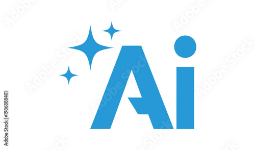Vibrant blue ai letters with sparkling stars, modern abstract logo, futuristic design, glowing effects, digital illustration, technology concept, innovation theme