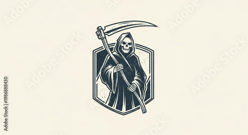 Grim Reaper Hooded Skeleton Holding Scythe Illustration.