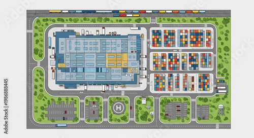 Overhead View of a Hospital Complex with Parking and Helipad.