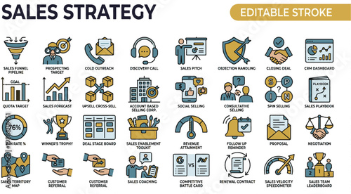 A professional two-tone line icon set featuring 30 sales strategy and business development icons. Includes sales funnel pipeline, prospecting target figure, cold outreach phone envelope, discovery cal