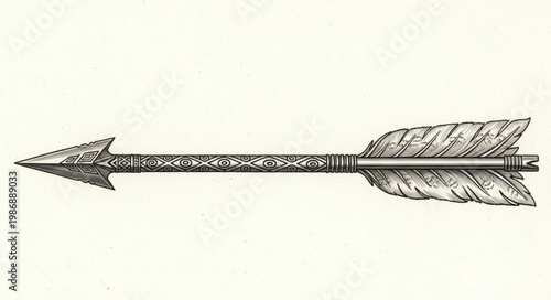 Hand drawn vintage arrow with feather fletching and pointed head.