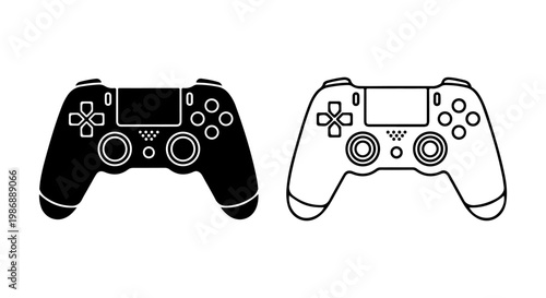 Black and White Vector Illustration of a Video Game Controller, Icon Set