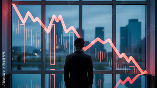 Silhouette of Trader Watching Falling Red Stock Market Charts: Financial Crisis and Bear Market Concept