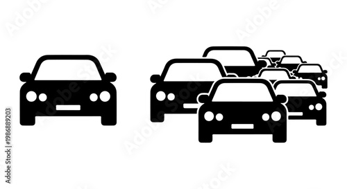 A black and white graphic illustration showing a single car on the left and a traffic jam of cars on the right, illustrating the concept of congestion versus a solitary vehicle