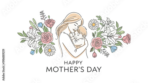 Artistic Continuous Line Drawing of Mother and Child Surrounded by Spring Wildflowers