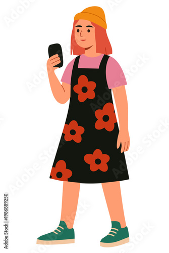 Young Woman Using Smartphone Social Media Lifestyle Flat Illustration
