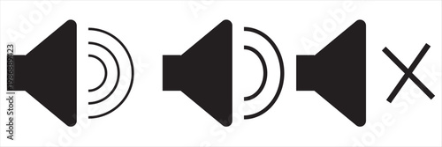  black Speaker and volume off icon set on black circle. Sound level and volume off concept, white background  , EPS10 