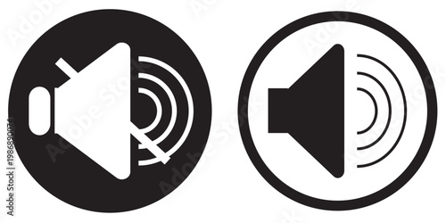  black Speaker and volume off icon set on black circle. Sound level and volume off concept, white background  , EPS10 