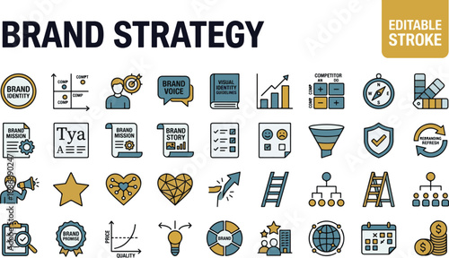 A professional two-tone line icon set featuring 30 brand strategy and marketing identity icons. Includes brand identity logo circle, brand positioning map, target audience figure, brand voice speech b