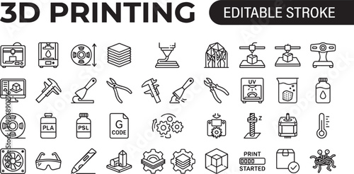  A professional monochrome line icon set featuring 30 3D printing and additive manufacturing icons with black outline strokes only. Includes 3D printer nozzle layer, CAD model design, filament materia