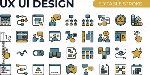 A professional two-tone line icon set featuring 30 UX and UI design icons. Includes wireframe screen layout, user flow arrows diagram, prototype click screen, usability testing figure, information arc