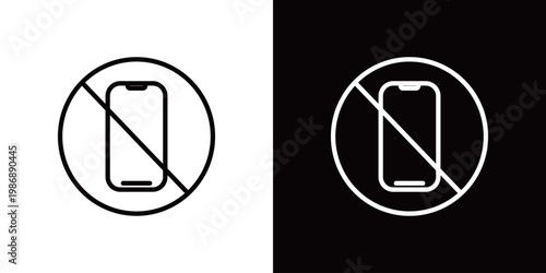 スマホ使用禁止のラインアイコン。白い線と黒い線のモノクロベクターイラストセット