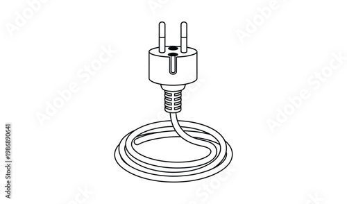Detailed black and white line drawing of a European style electrical plug with a round cord, isolated on a white background.