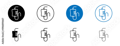 Blood transfusion icons set in black and blue colors on white background
