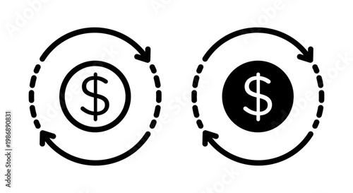 Circulation of money icons set in black and blue colors on white background