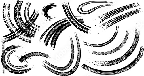 Tire tread marks after skidding, launch, drift, powerslide in motorsport, rally, off-road, motocross. Wheel texture with splash effect. Vector, transparent background EPS version.