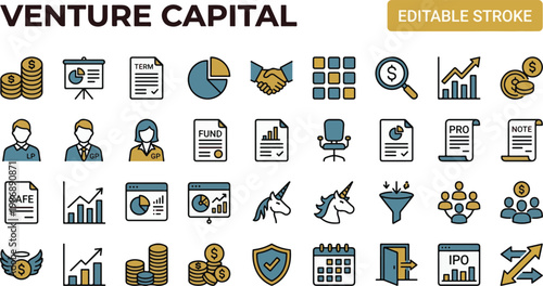 A professional two-tone line icon set featuring 30 venture capital and startup funding icons. Includes VC fund coins stack, pitch deck presentation, term sheet document, cap table pie chart, lead inve