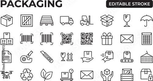 A professional monochrome line icon set featuring 30 packaging innovation and sustainable design icons with black outline strokes only. Includes sustainable packaging leaf box, biodegradable material 