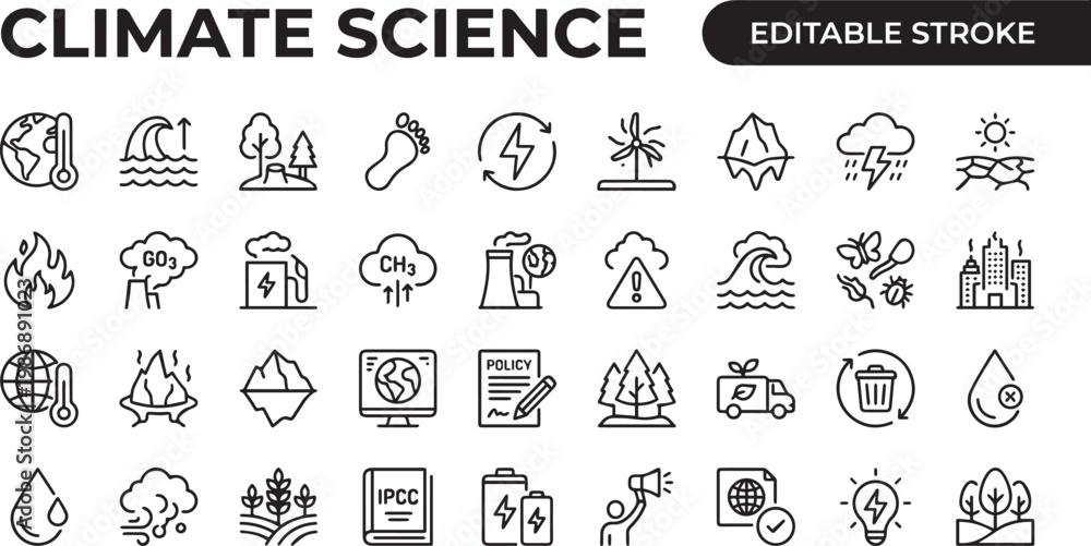 Fototapeta premium A professional monochrome line icon set featuring 30 climate science and global warming icons with black outline strokes only. Includes global temperature rising graph, CO2 molecule emission, carbon c