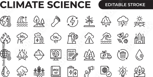 A professional monochrome line icon set featuring 30 climate science and global warming icons with black outline strokes only. Includes global temperature rising graph, CO2 molecule emission, carbon c