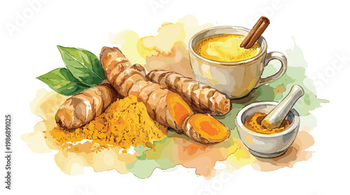 Healthy turmeric tea with fresh roots and powder in artistic painting.
