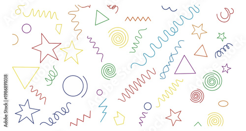 Colorful geometric shapes and swirls scattered on a white background