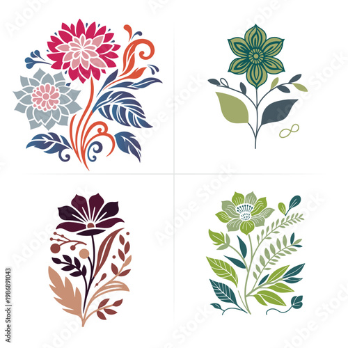 Floral Composition Illustration Set with Hand Drawn Botanical Elements and Modern Artistic Style