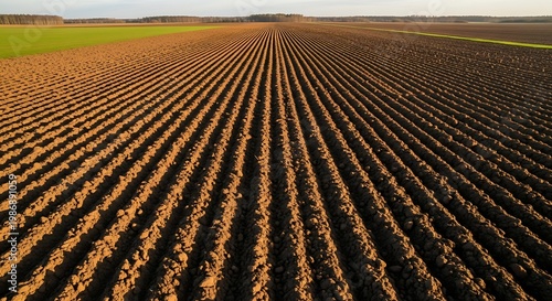 Agricultural landscape with plowed field rows.