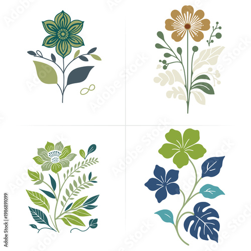 Floral Botanical Artwork Set Featuring Hand Drawn Flowers, Leaves and Elegant Line Drawings