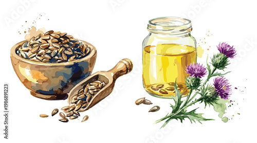 Flax seeds oil bottle bowl scoop and thistle flowers watercolor.