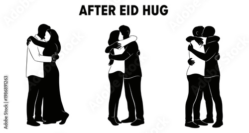 Diverse people embracing warmly during Eid celebrations with festive spirit