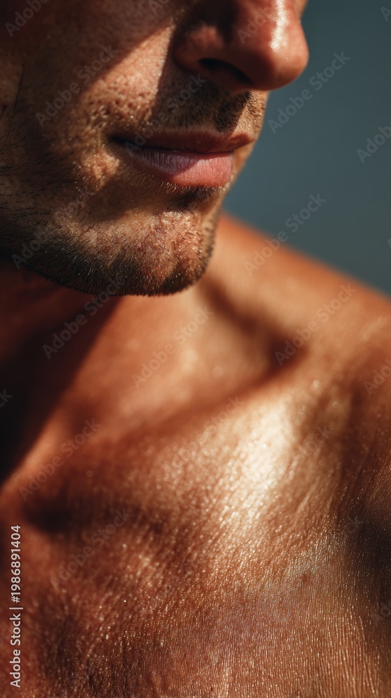 Naklejka premium Sunscreen Applied On Male Shoulder With Warm Light