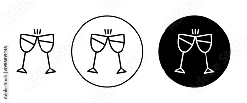 Clinking glasses icons set in black and blue colors on white background