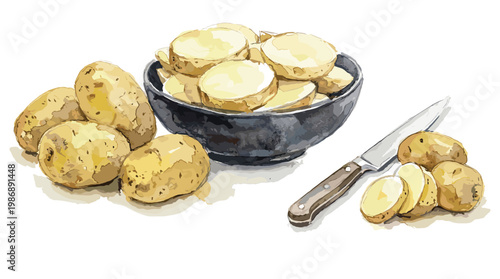 Whole potatoes and sliced potatoes in bowl with knife.