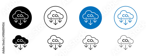 CO2 emissions icons set in black and blue colors on white background