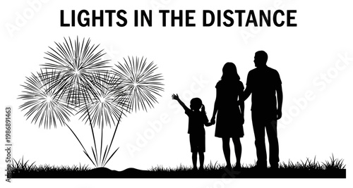 Family silhouette watching fireworks display during a festive outdoor celebration