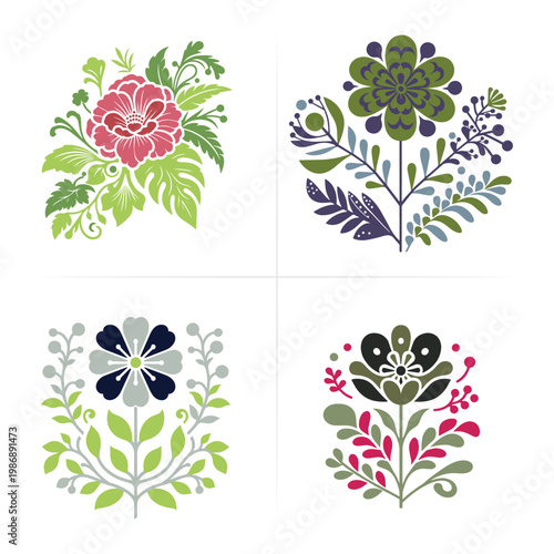 Elegant Floral Art Set with Hand Painted Flowers and Botanical Leaves for Contemporary Design Projects