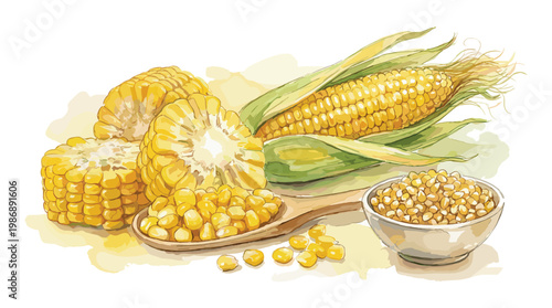 Fresh ripe corn ears and kernels on simple wooden spoon and bowl.
