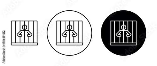 Criminal behind bars icons set in black and blue colors on white background