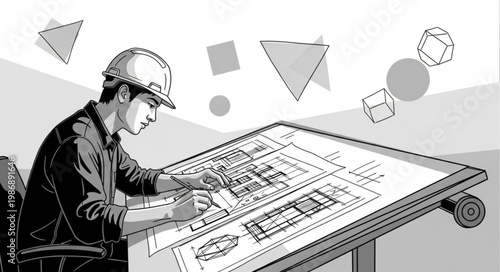 Architect Drafting Technical Blueprints at Drafting Table.