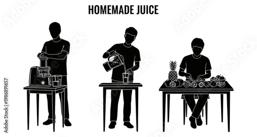 Man preparing homemade juice with fruits and juicer on table