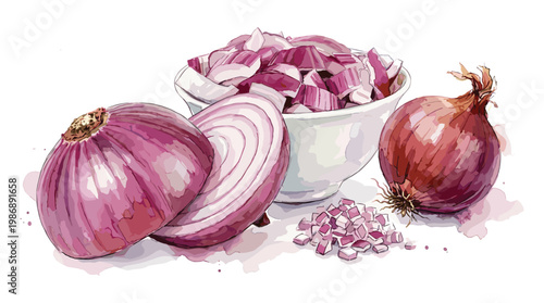 Red onions, chopped and whole, in bowl and on table, purple vegetables.