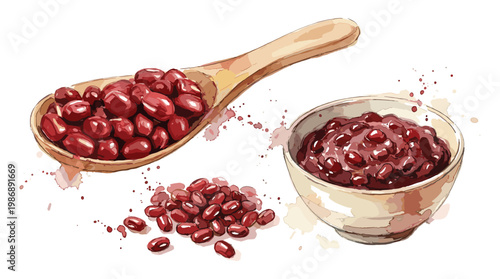 Red kidney beans in wooden spoon and ceramic bowl, spilled beans.
