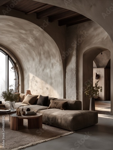 Warm minimalist living room with textured walls and natural materials for interior styling concepts