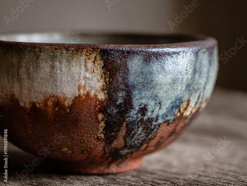 A close-up of a handcrafted ceramic bowl with rich glaze variations in earthy tones, perfect for product design, pottery inspiration, and artisanal lifestyle visuals