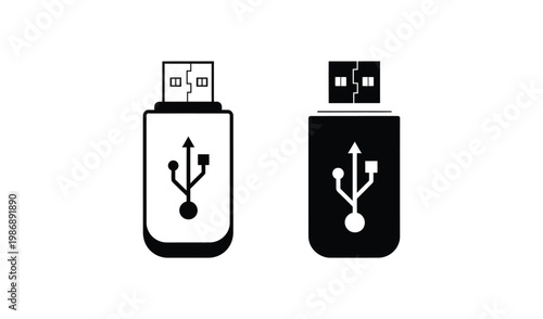 Two USB flash drives in black and white illustration, isolated on white background, showcasing digital storage solutions for technology and data transfer needs.