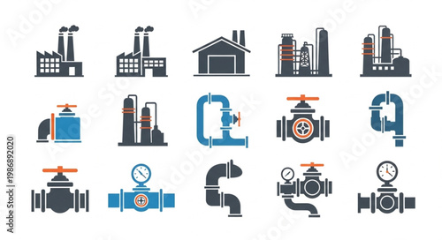 Industrial Icons - Factories, Pipes, and Valves for Engineering Designs.