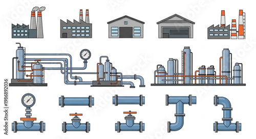 Industrial Plant and Piping System Vector Illustration Set.